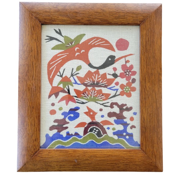 Botanical wood frame bird print on linen fabric bright colorful‎ abstract art - Picture 1 of 5
